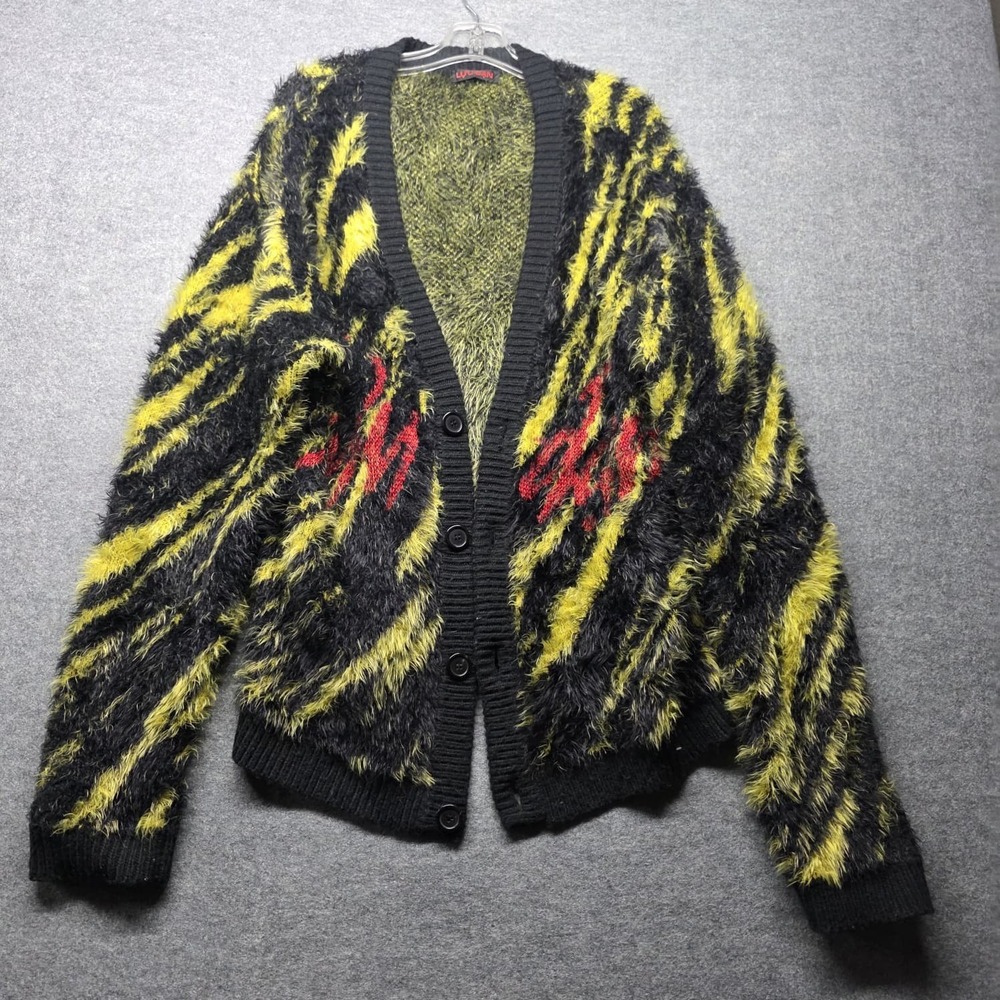 Lu'udan Fuzzy Tiger Stripe Cardigan Size L Black Yellow Red Button Front Luu-Dan